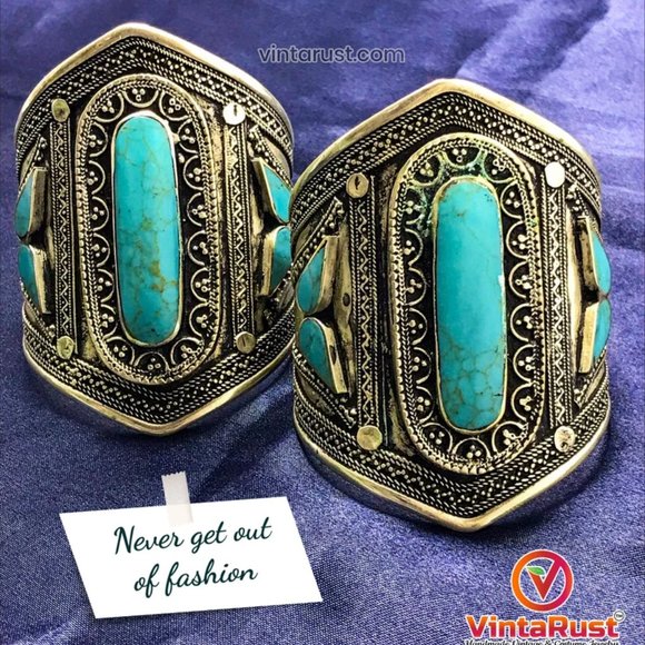 Single Afghan Cuff Turquoise Bracelet, Vintage Tribal Cuff, - Picture 2 of 7